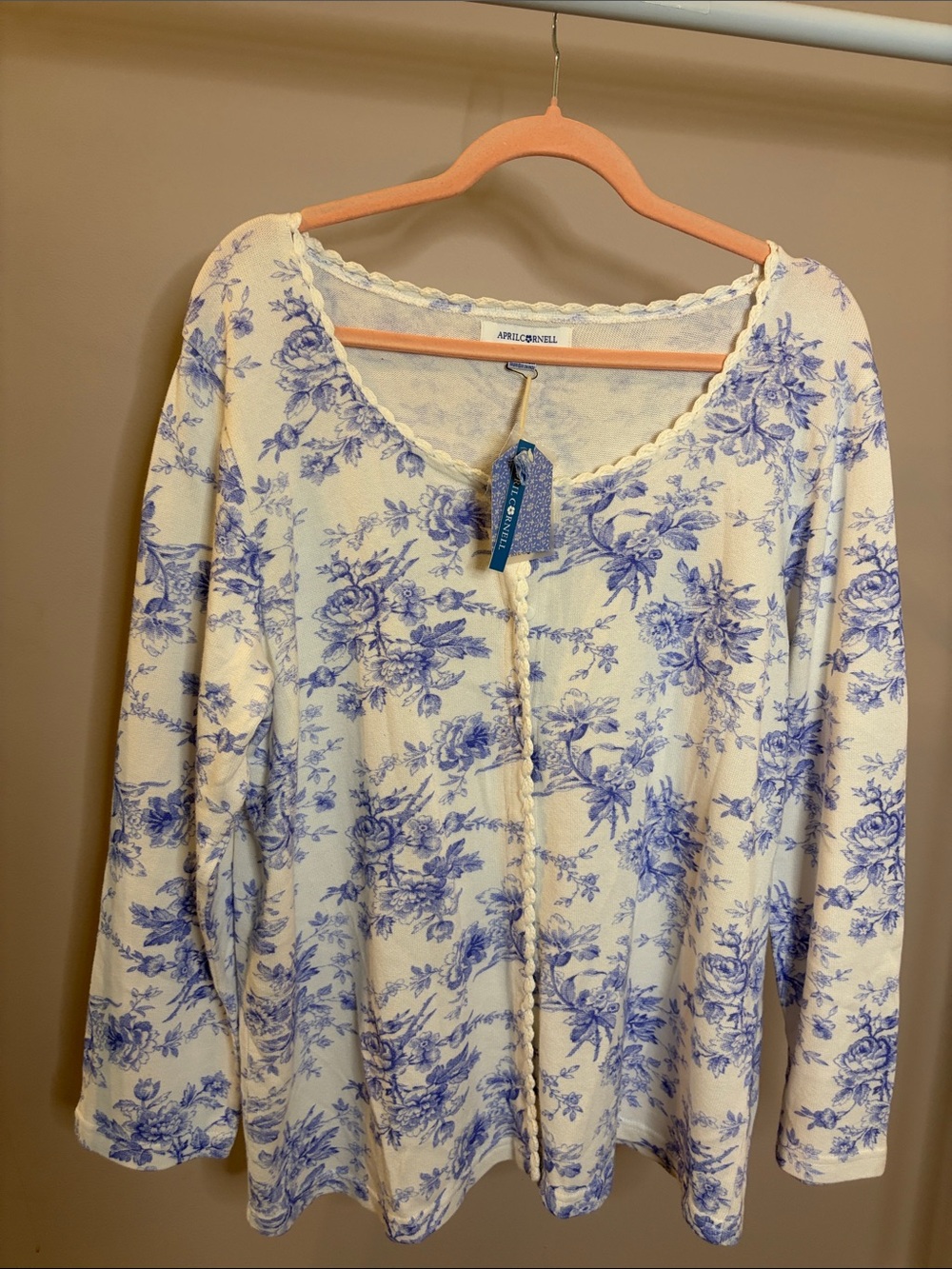 April Cornell Blue & White Toile Button-Up Cardigan